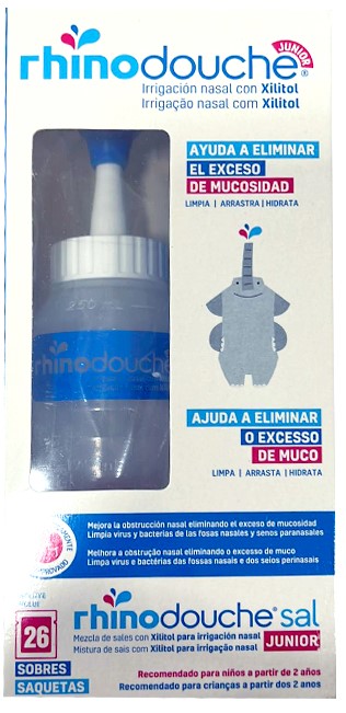 RhinoDouche Junior Irrigação Nasal Garrafa + Sal Junior Sais de irrigação  com xilitol 26 Saqueta(s) 2.5 g x - Farmácia Arade